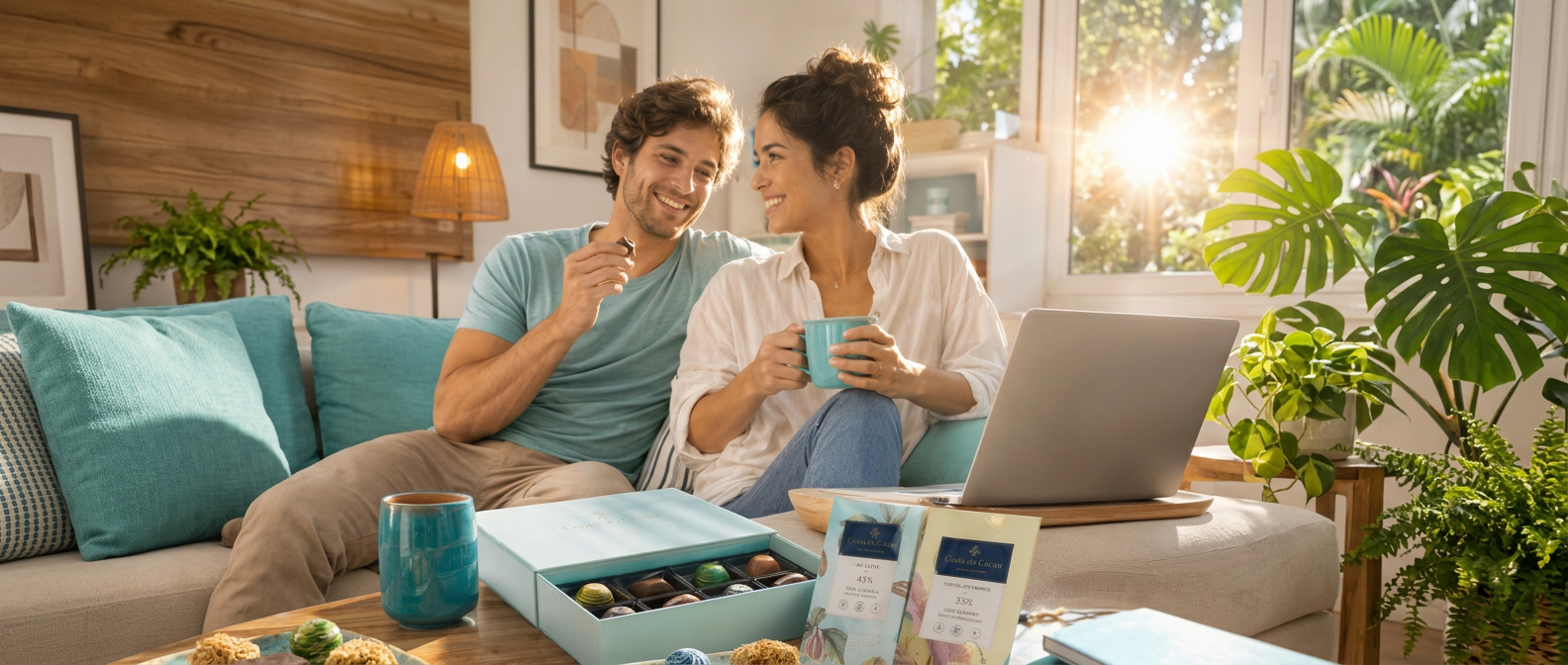 Casal em casa degustando bombons e barras