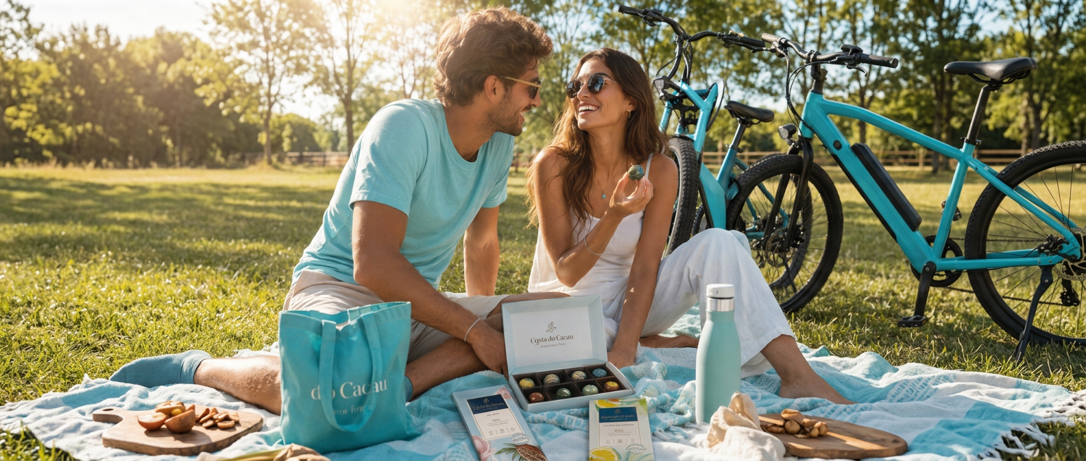 Casal em piquenique com bombons Costa do Cacau