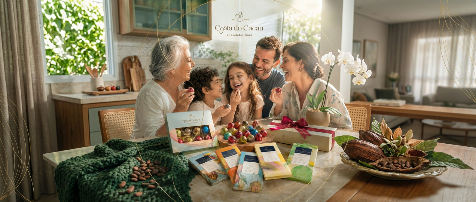 Família reunida celebrando com bombons finos